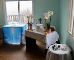 Altar Credence table and baptismal font